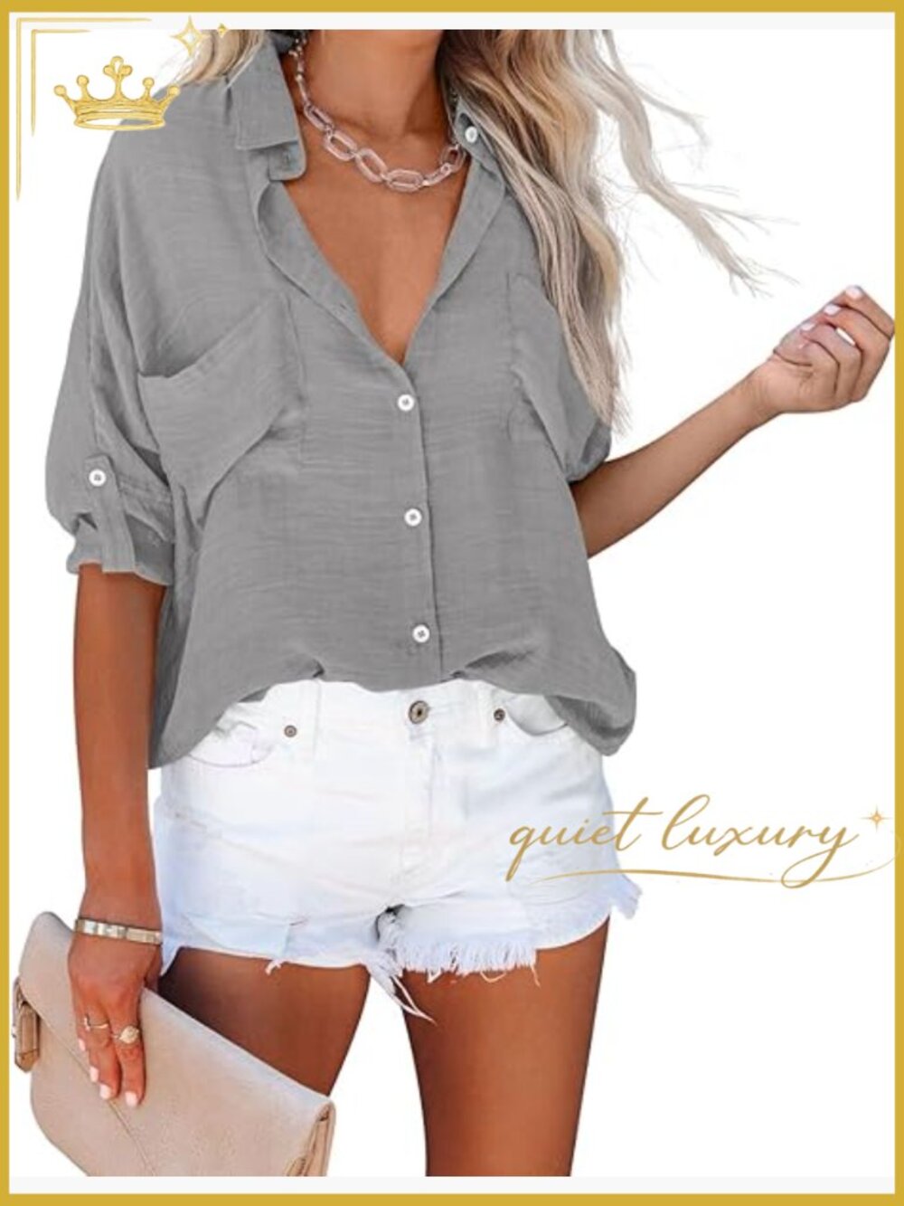 V Neck Button Down Shirt Long Sleeve Roll Up Casual Blouse with Pockets